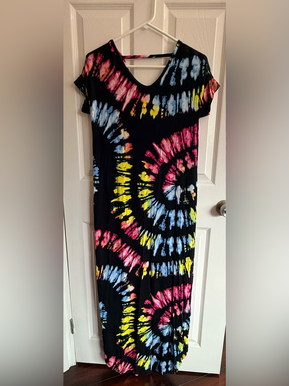 LuLaRoe Black Tie-Dye Maxi Dress with Pink, Yellow & Blue Spirals